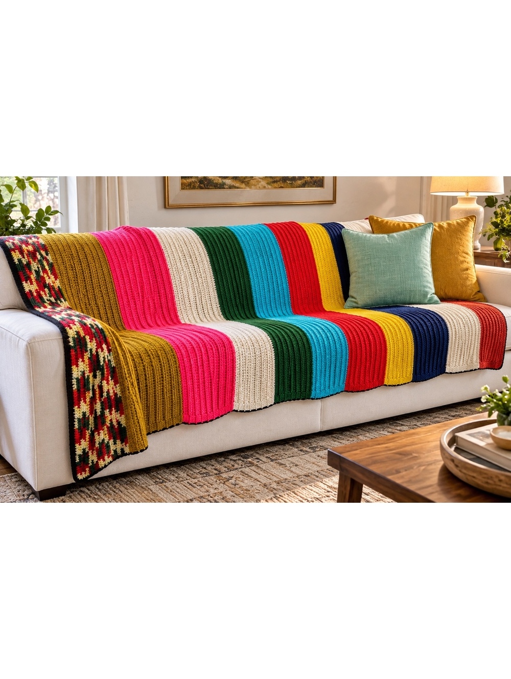 Handmade Crochet Afghan Blanket Multicolor Stripe 92x50